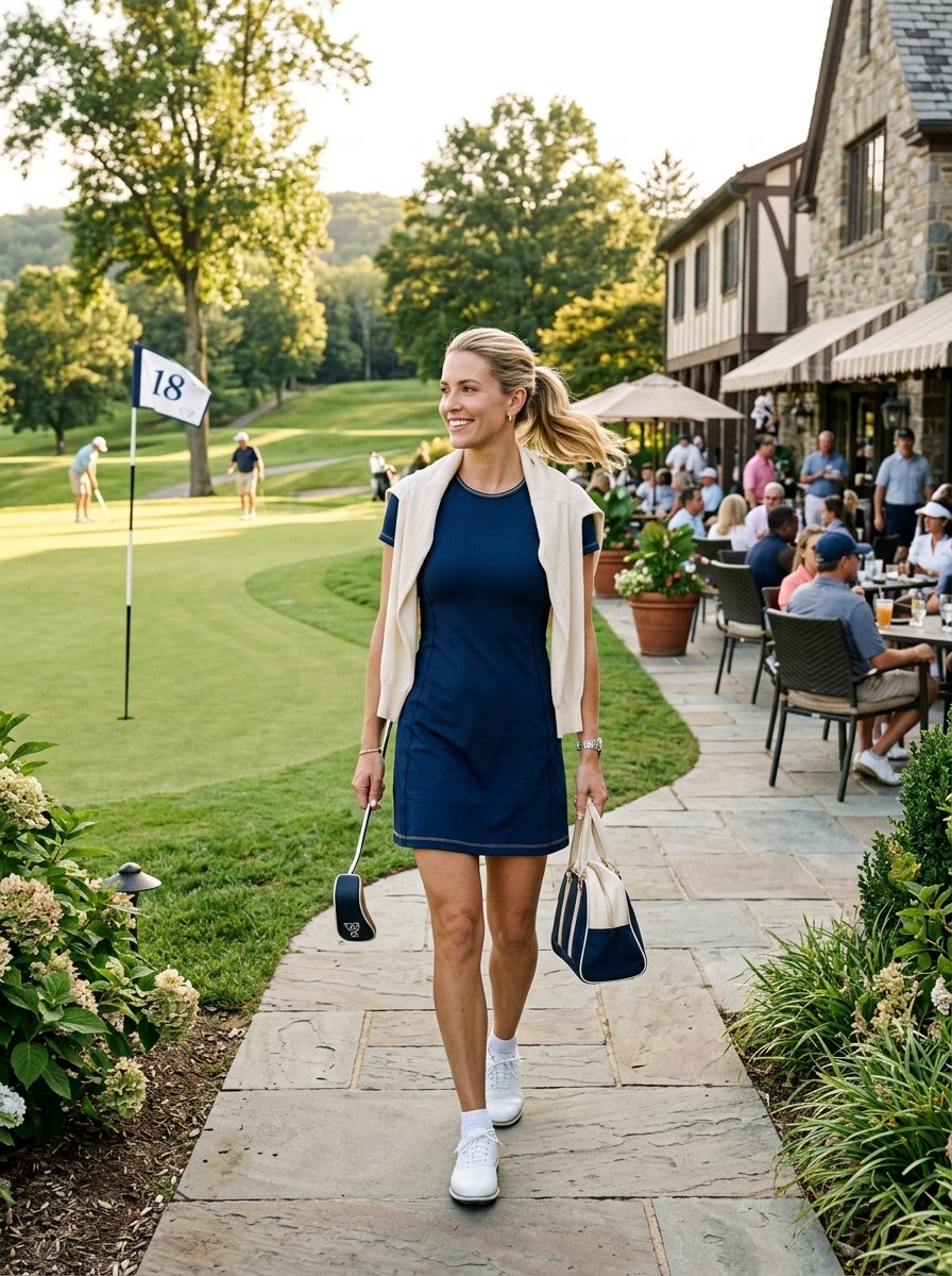 Blonde woman in a navy athletic dress walking on a patio walkway near a golf green.