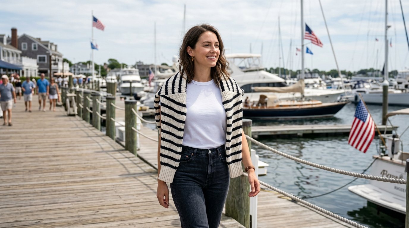 A smiling brunette woman in a white shirt and striped sweater walks on a wooden pier near boats.