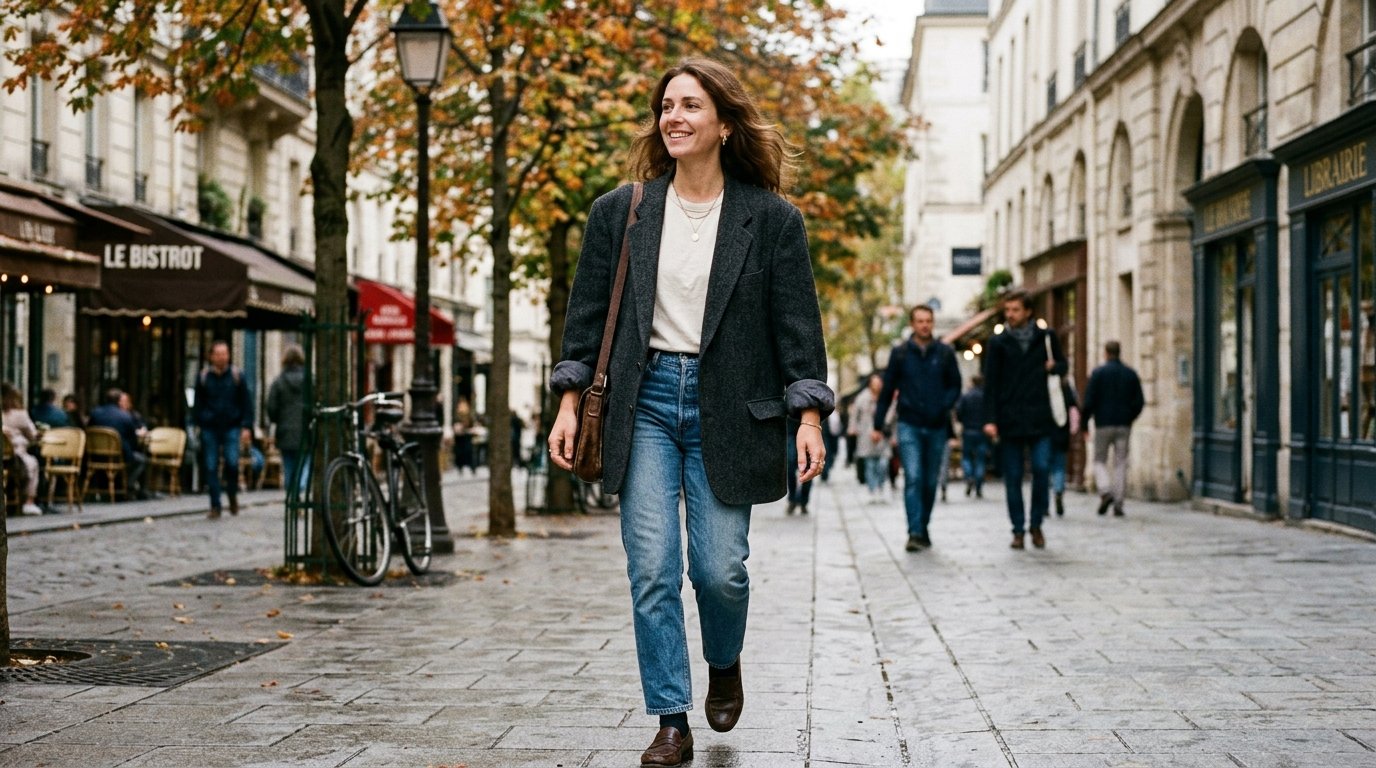 A stylish woman with brown hair walks down a cobblestone street in a French city during autumn.