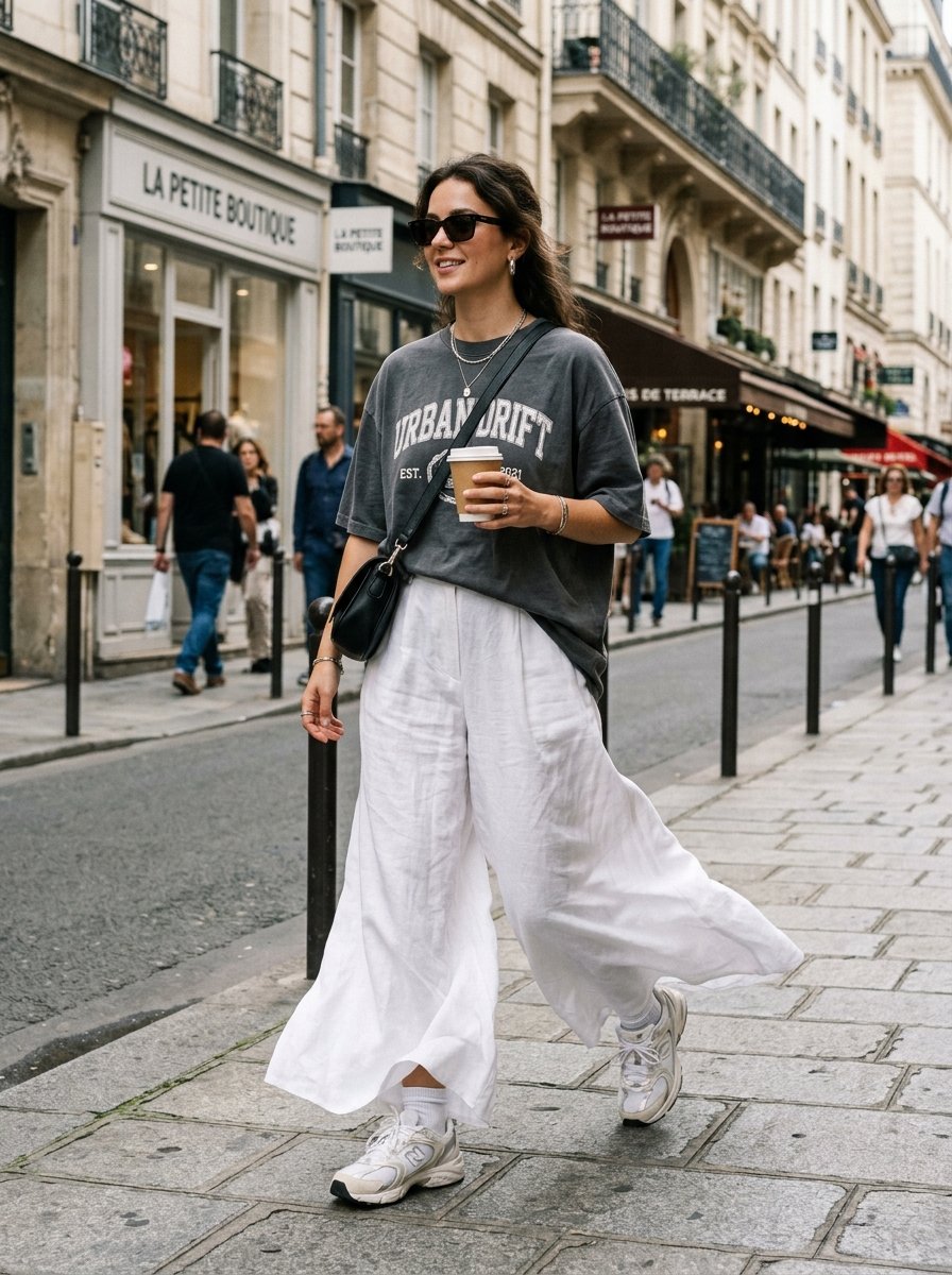A woman wearing a charcoal t-shirt and white wide-leg trousers walks down a Parisian street holding a coffee cup.