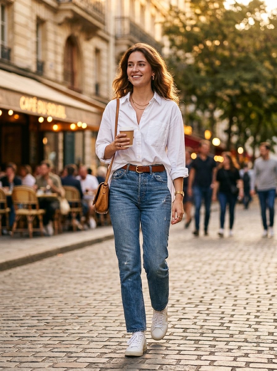 Young woman holding a coffee cup walks along a cobblestone street in Paris wearing jeans and a button-down shirt.