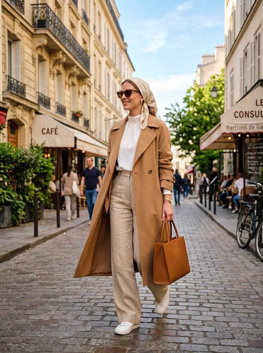 A smiling woman in a tan coat and linen trousers walks down a cobblestone street in front of a French cafe.