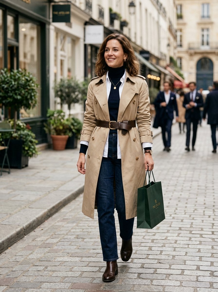 Smiling woman in a belted trench coat and dark jeans walking on a stone street holding a green shopping bag.