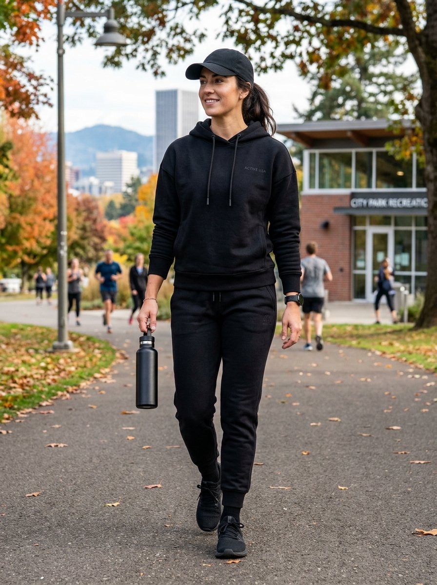 A woman in a black hoodie and sweatpants walks on a path carrying a metal water bottle.