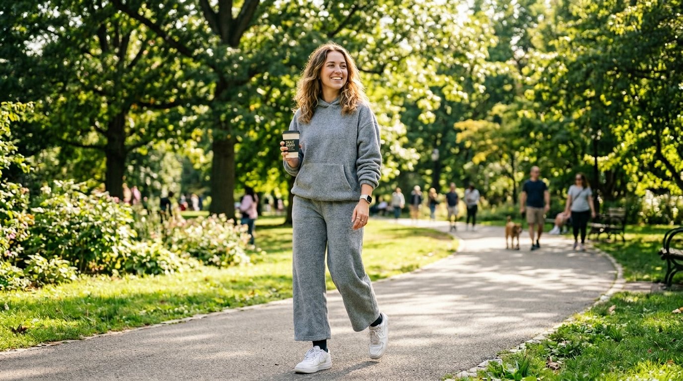 A woman in a grey hoodie and matching sweatpants walks down a sunny, tree-lined park path holding a coffee cup.