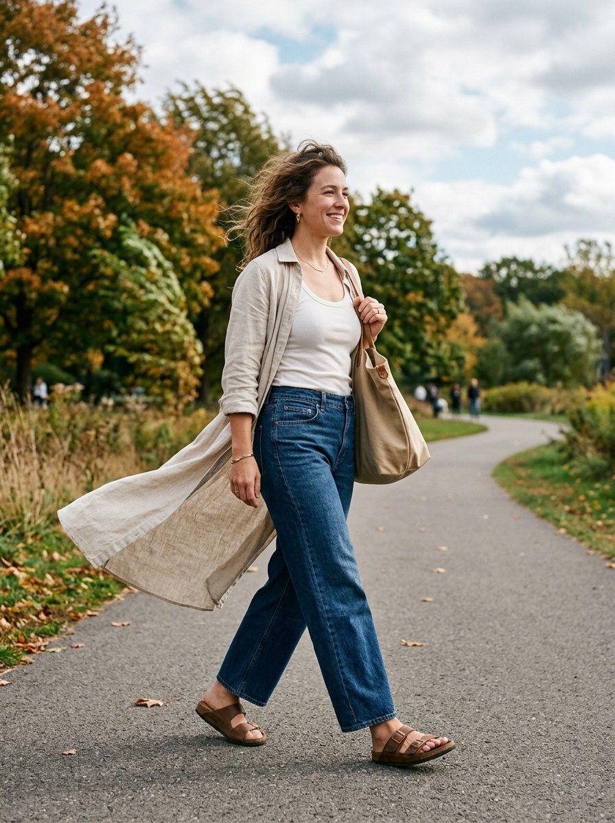 A woman with flowing hair walks along a path wearing a long beige linen shirt, white tank top, and dark blue jeans.