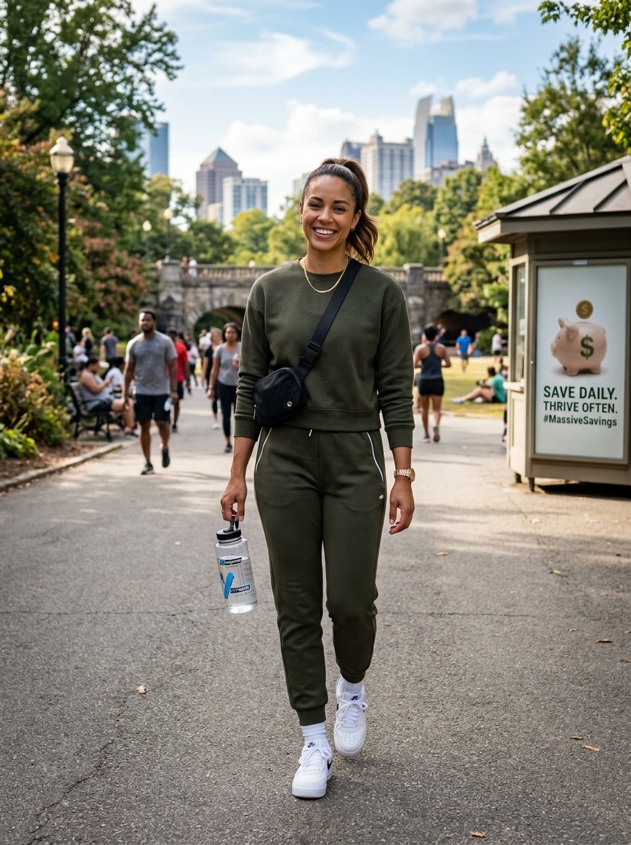A woman with a ponytail wearing a matching olive green sweater and joggers walks on a paved park path carrying a water bottle.