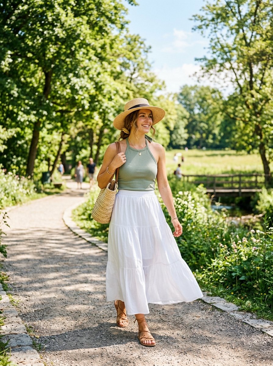 A smiling woman wearing a straw hat, green tank top, and white tiered skirt walks along a sunny nature trail.