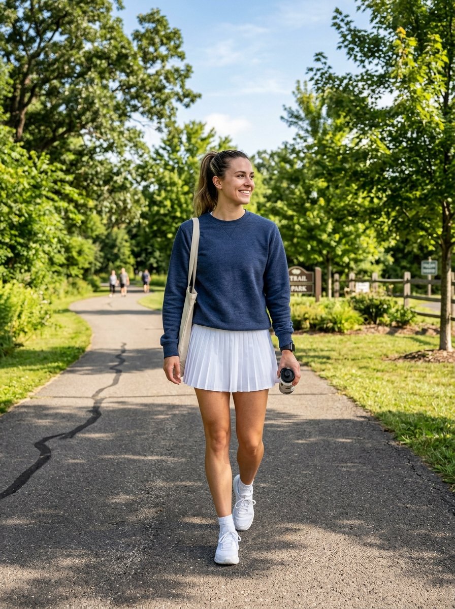 Young woman wearing a navy sweatshirt and white pleated skirt walking on a sunny park pathway holding a water bottle.
