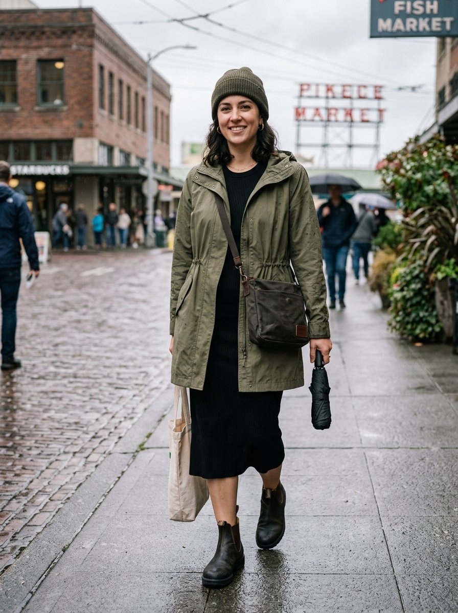 Woman wearing a beanie and olive parka holding an umbrella walking on a wet sidewalk in Seattle.