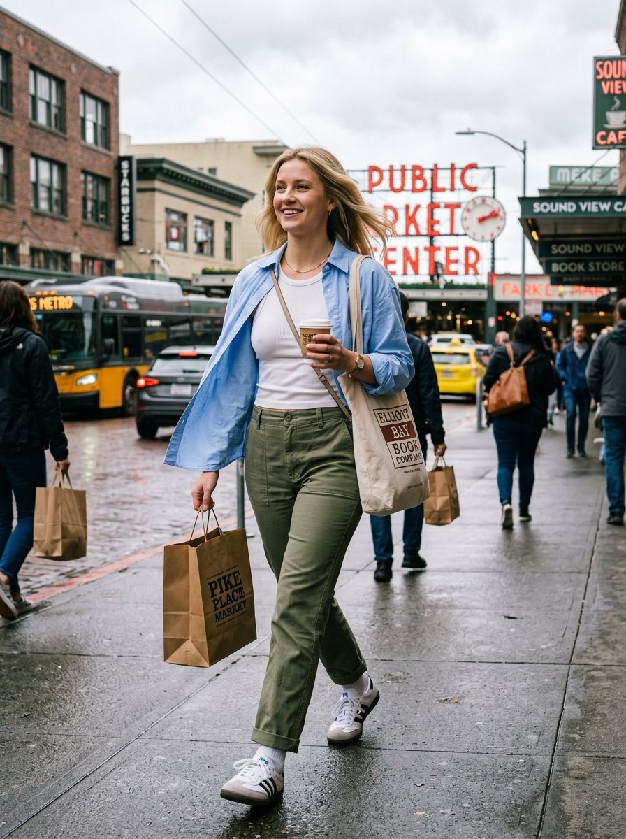 Young woman in a blue shirt carrying shopping bags and coffee walks down a wet sidewalk near the public market sign.