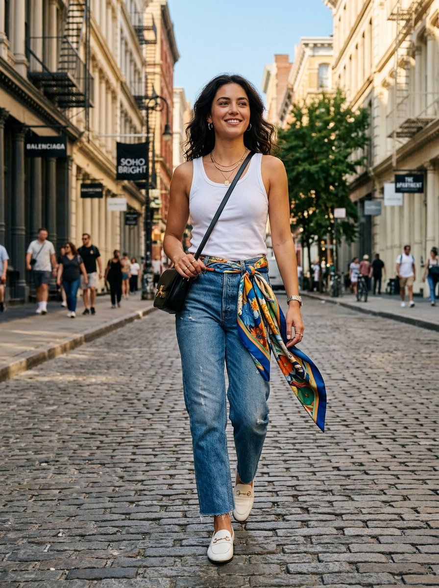 A woman walks down a sunlit street in Soho wearing a white tank top, blue jeans with a silk scarf belt, and loafers.