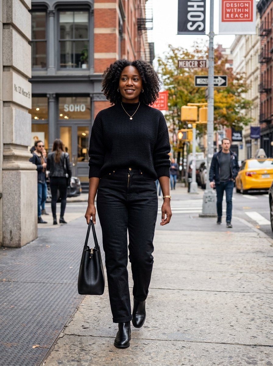 A woman with curly hair wearing a black sweater and jeans walks down a city street while carrying a leather handbag.