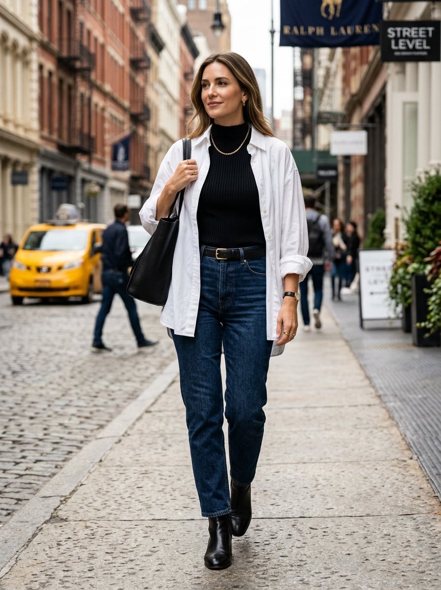 A blonde woman wears a white button-down, black turtleneck, and blue jeans while walking on a city sidewalk.