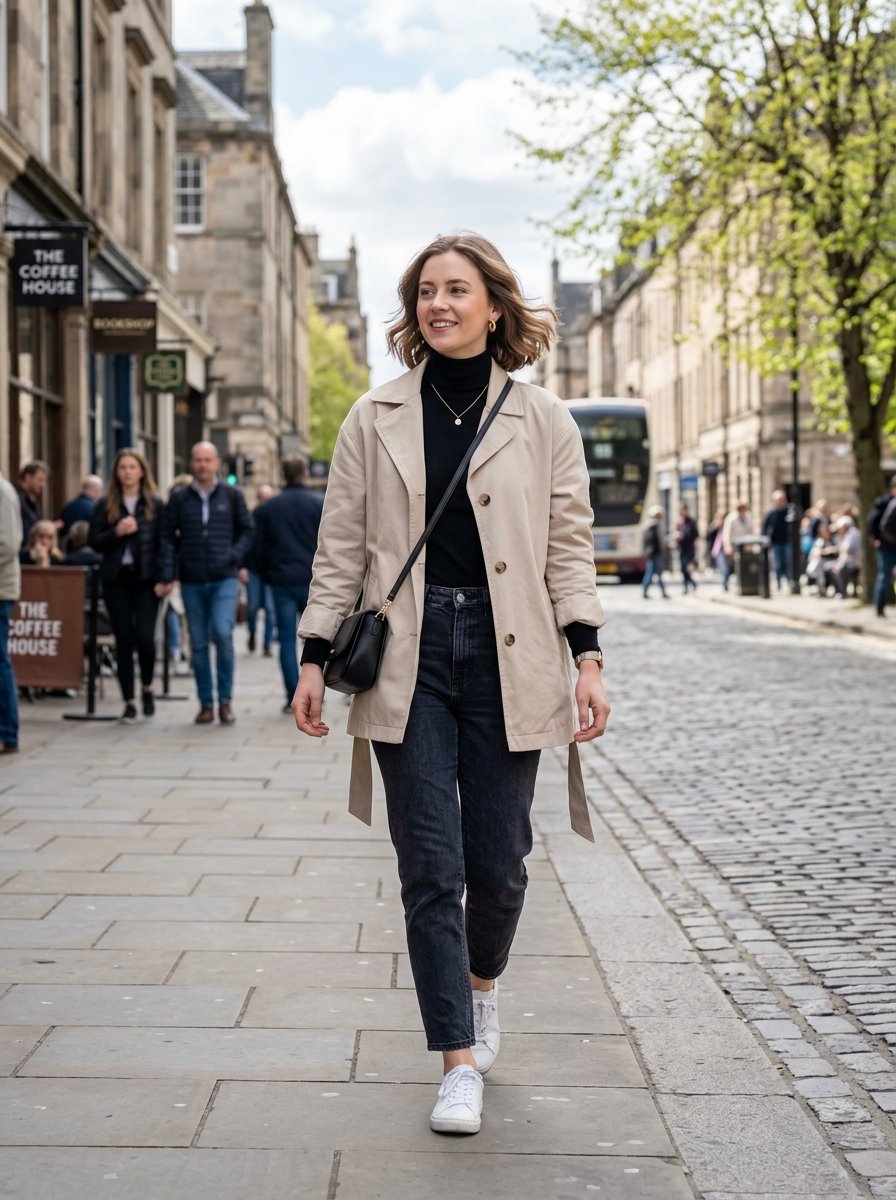 Smiling woman in a beige coat and black turtleneck walking on a city street with coffee shops in the background.