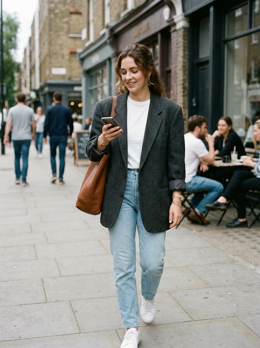 A stylish woman in a dark blazer walks down a city sidewalk looking at her phone with a brown leather tote bag.