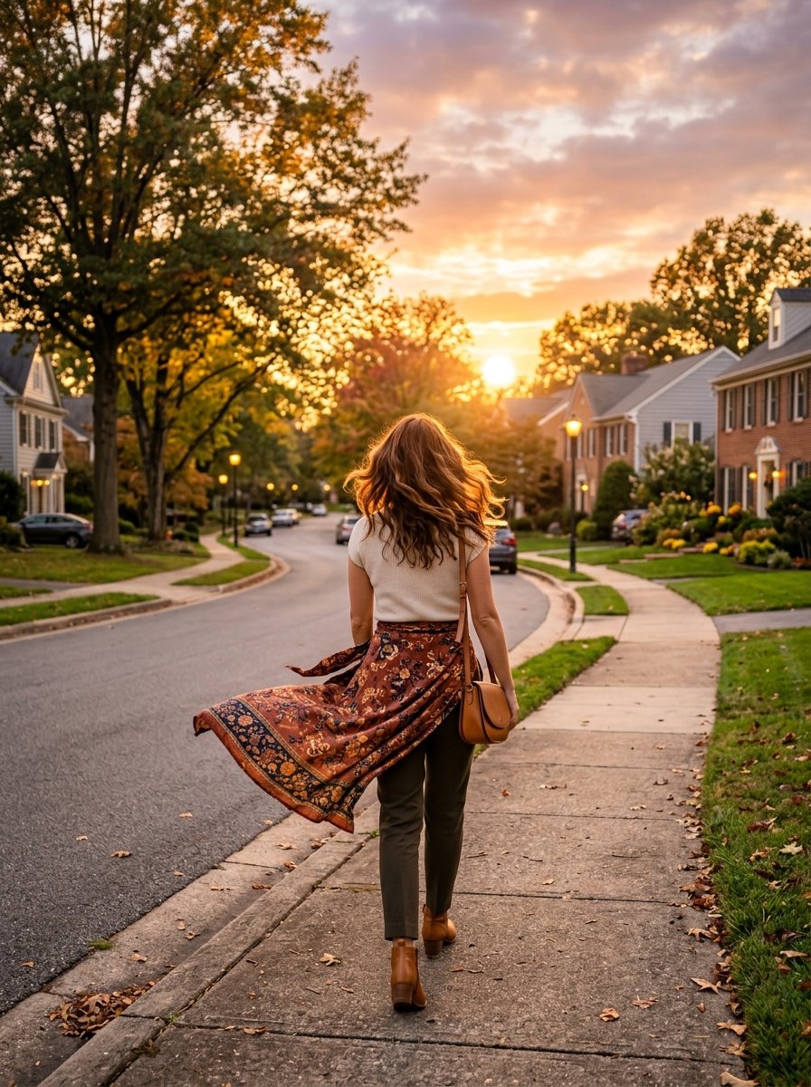 A woman in a floral skirt and boots walking down a sidewalk at sunset.