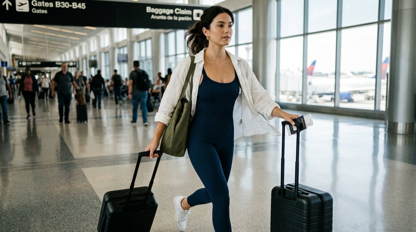 A woman in a navy jumpsuit and white shirt pulling two black suitcases through an airport terminal near flight gates.