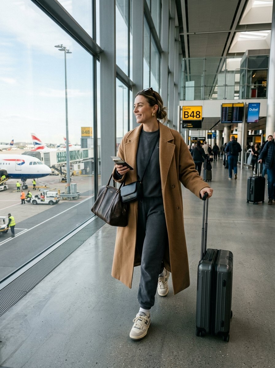 Young woman in a camel coat pulls a grey suitcase through an airport terminal near gate B48.