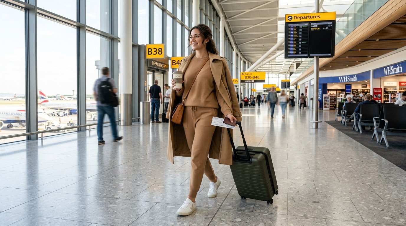 A woman in a tan lounge set and trench coat walking past airport gates with a rolling suitcase and coffee.