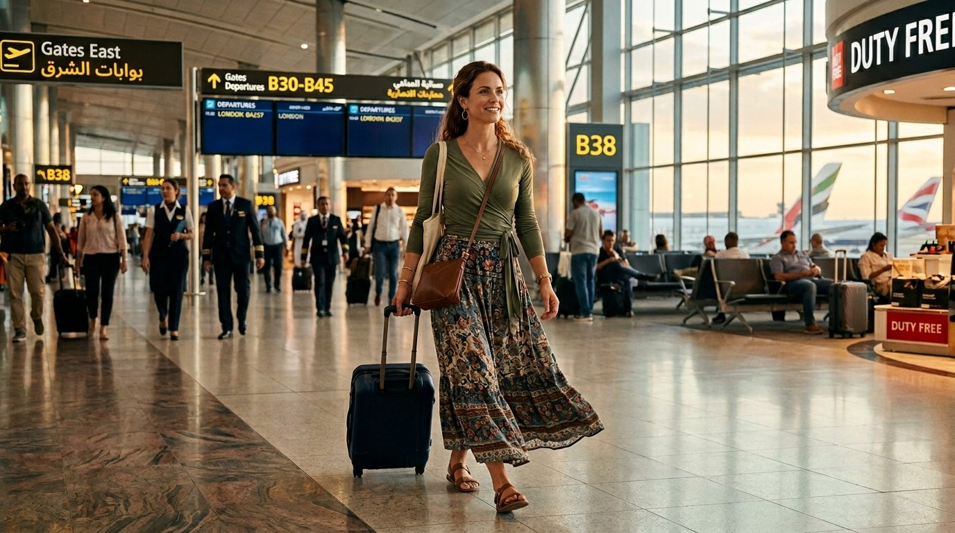 A woman in a green top and patterned skirt walking with a rolling suitcase through an airport gate area.