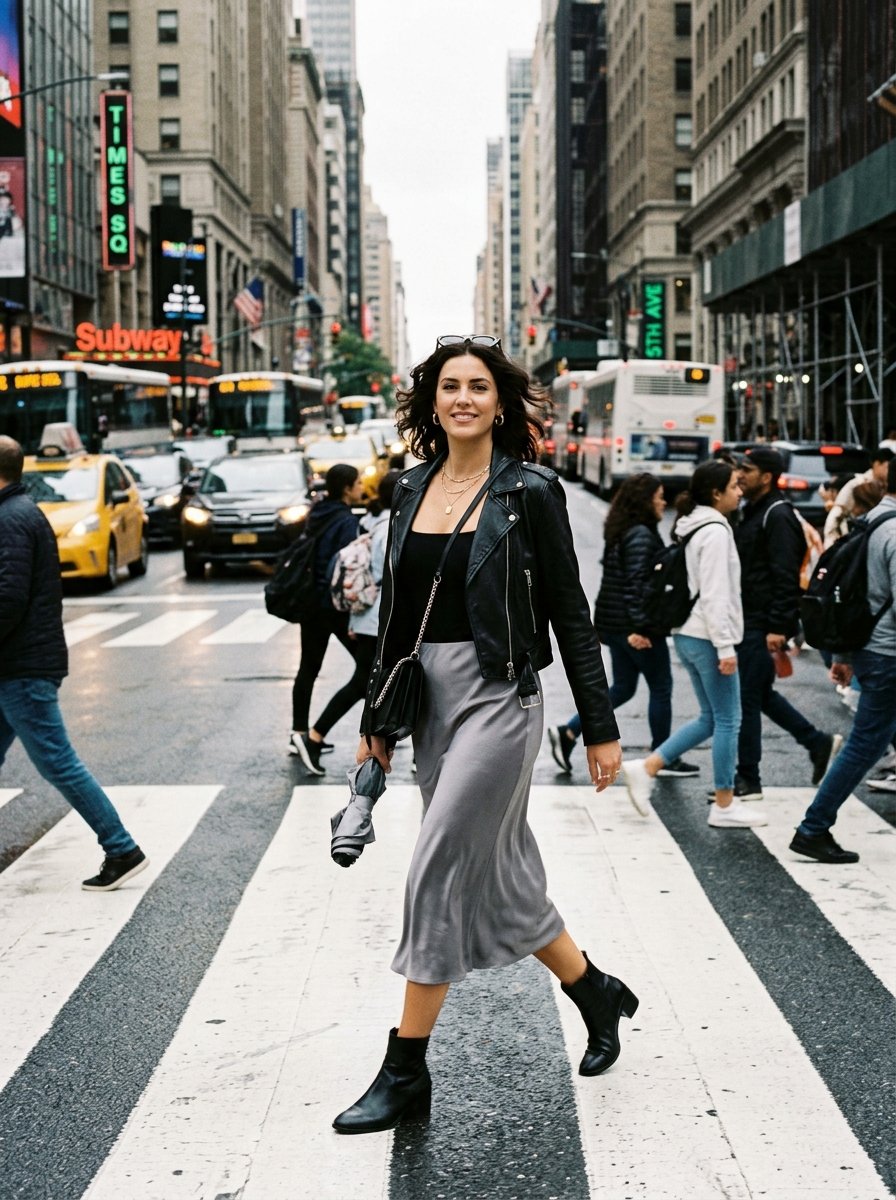 A woman wearing a black leather jacket and grey midi skirt walks across a Manhattan crosswalk near Times Square.