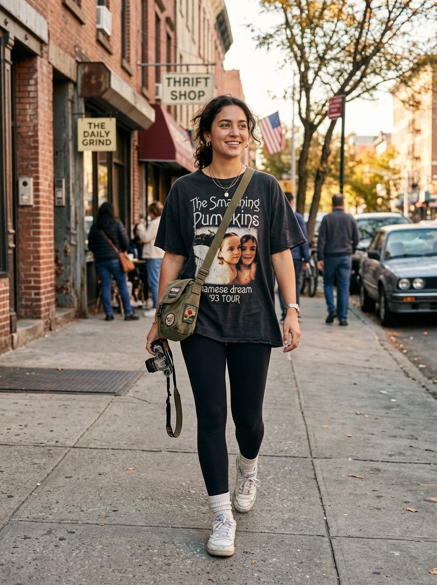 Smiling woman wearing a Smashing Pumpkins t-shirt and crossbody bag walking on a brick building city sidewalk.