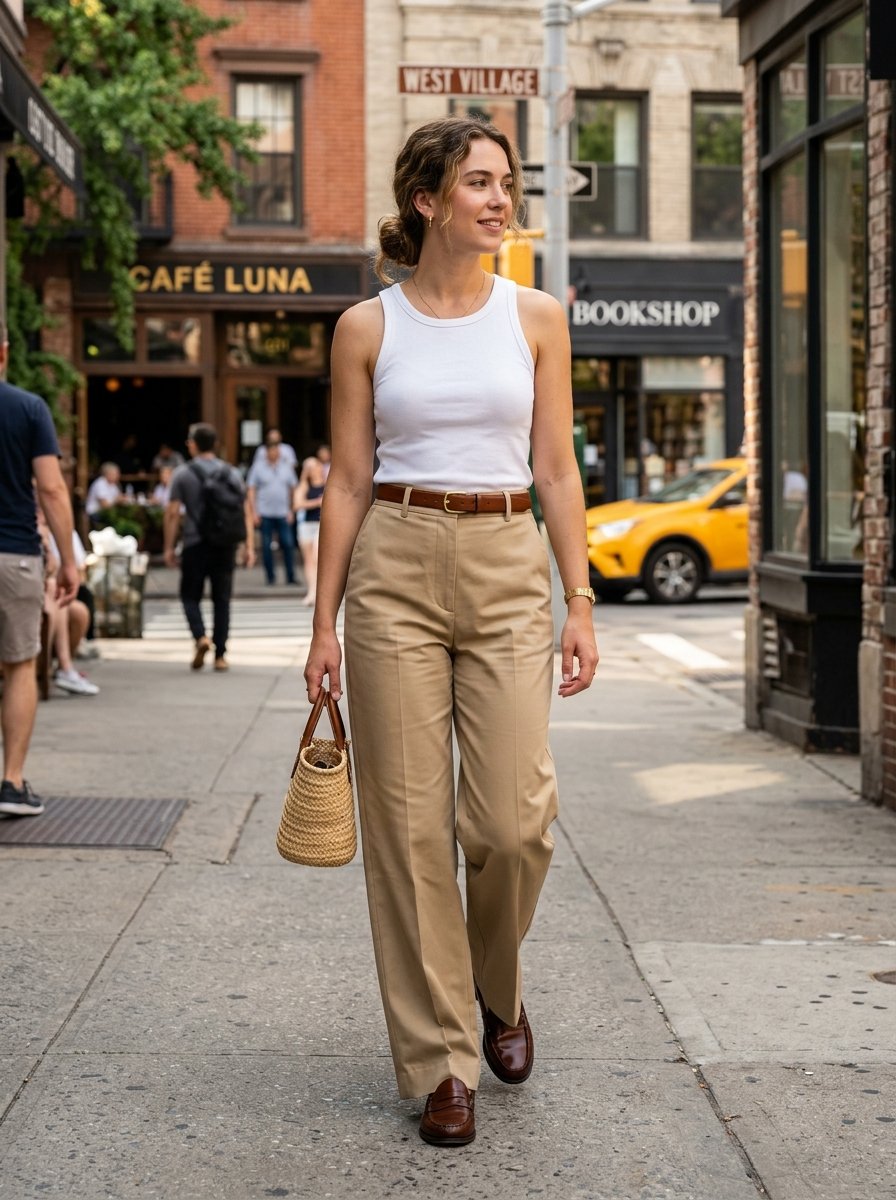 A woman in a white tank top and tan trousers walks down a sidewalk in New York City holding a small straw bag.