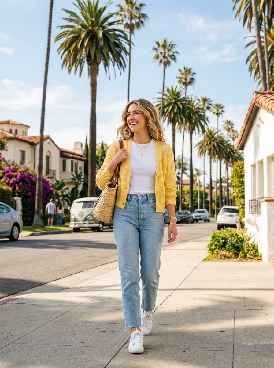 A blonde woman wears a yellow button-up sweater and jeans while strolling on a tree-lined sidewalk.