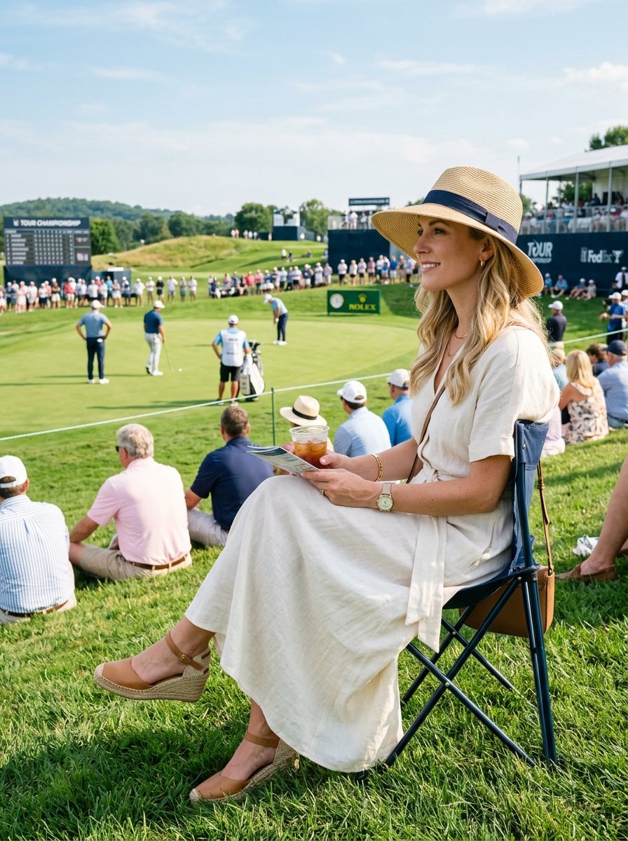 Blonde woman in a straw hat and linen dress sitting on a folding chair at a professional golf championship.