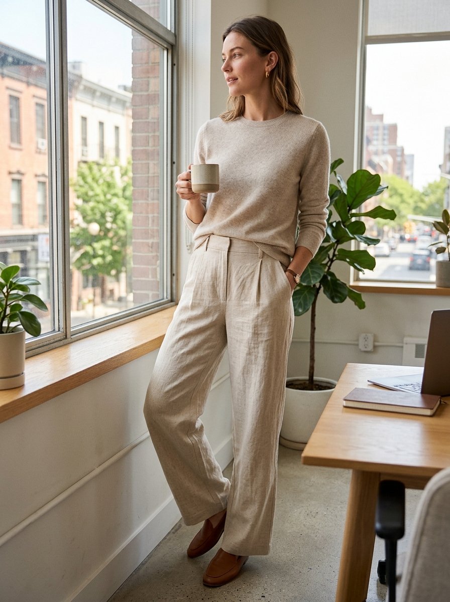 A woman in a beige sweater and linen trousers holding a mug by a window.