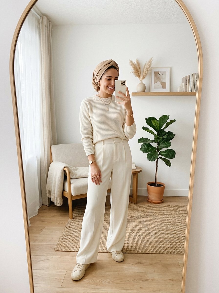Smiling woman in a headwrap and neutral-toned sweater and trousers posing in front of a full-length arched mirror.