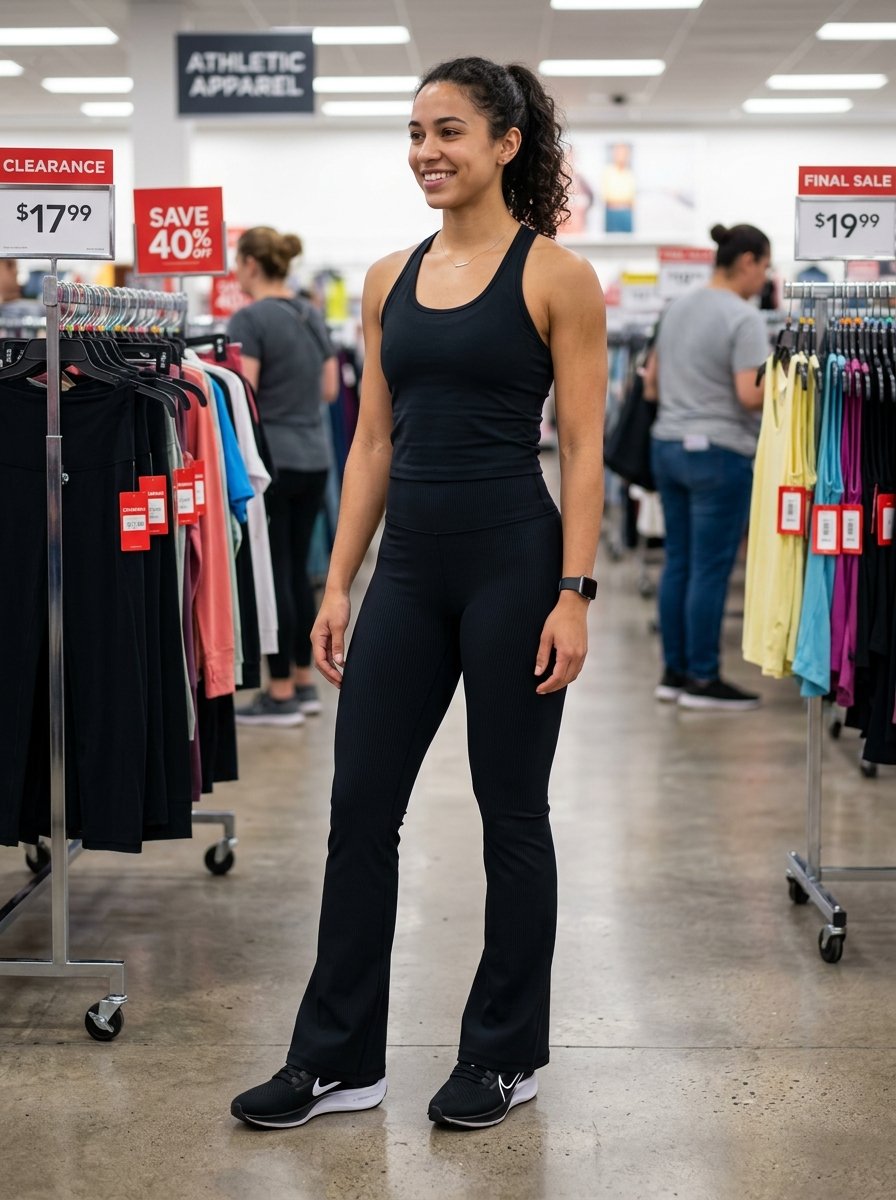 A woman in athletic clothes stands in a retail clothing store aisle surrounded by racks of garments.