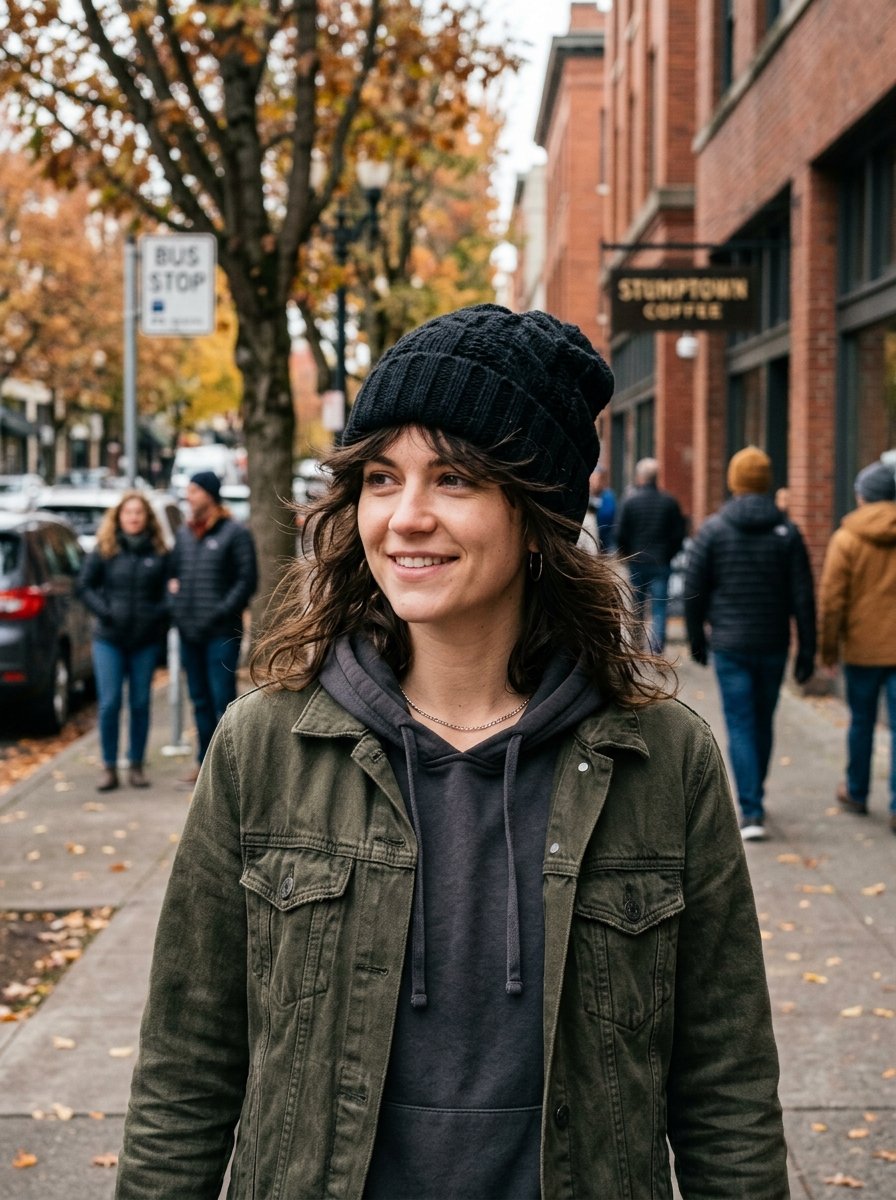 Portrait of a smiling woman with brown hair wearing a dark beanie and olive jacket on a fall city street.