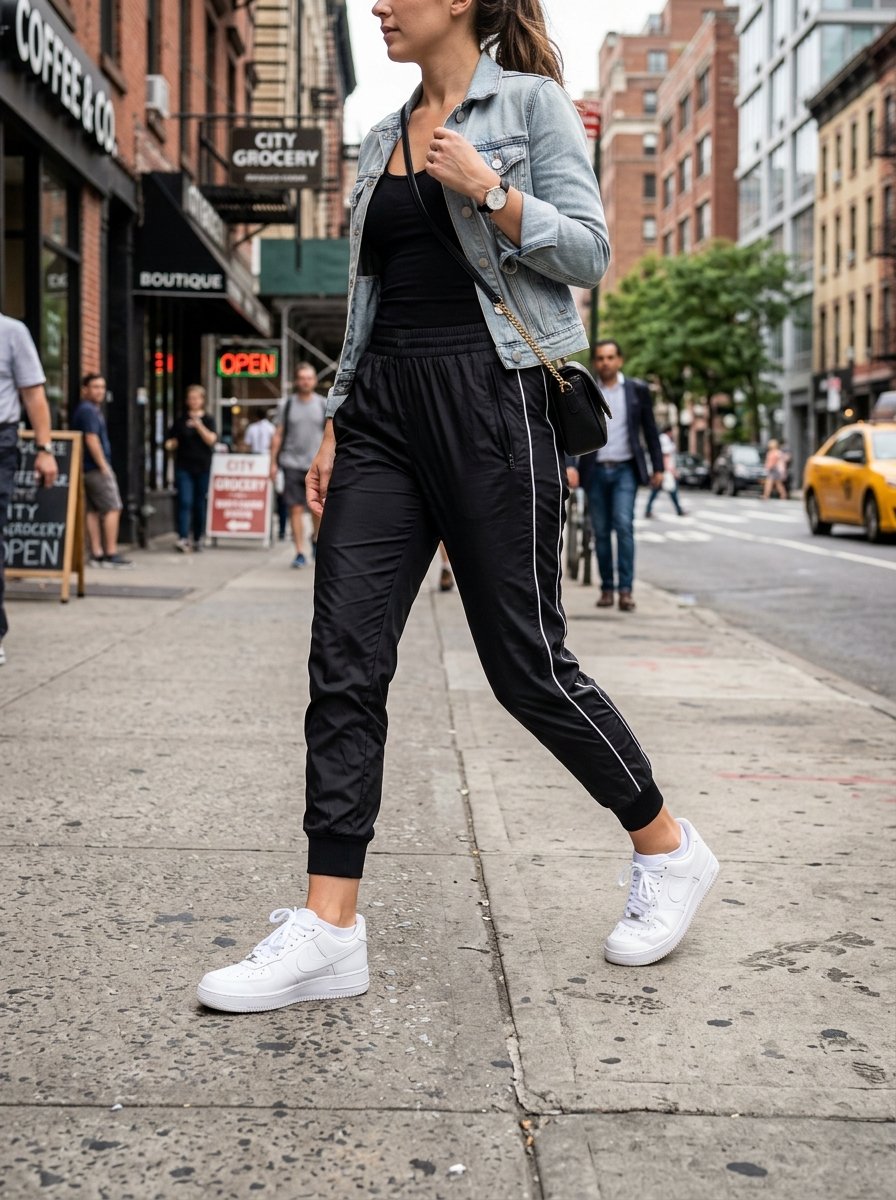 Young woman walking on a sidewalk wearing a denim jacket, black joggers with white stripes, and white sneakers.