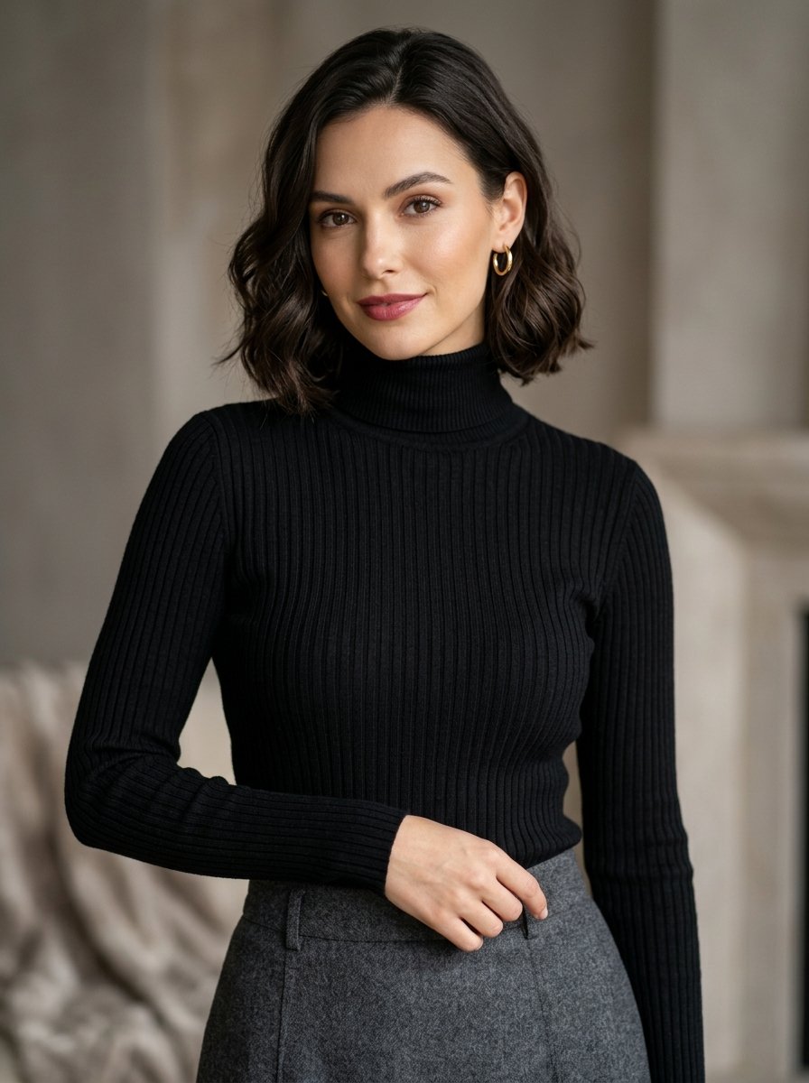 Portrait of a young woman with dark wavy hair wearing a black ribbed sweater and grey skirt.