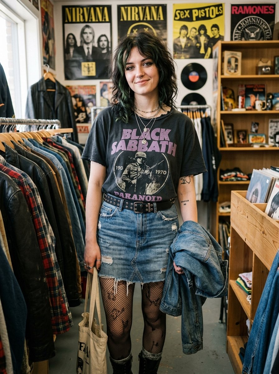 A person with green-streaked hair wearing a Black Sabbath band tee and denim skirt inside a music shop.