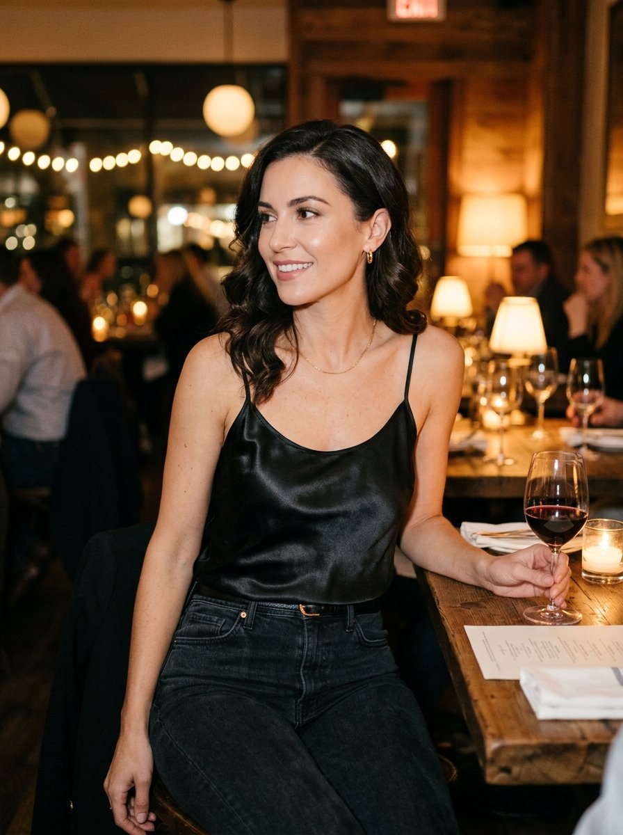 Smiling woman in a black silk camisole sitting at a rustic wooden table in a dimly lit restaurant.