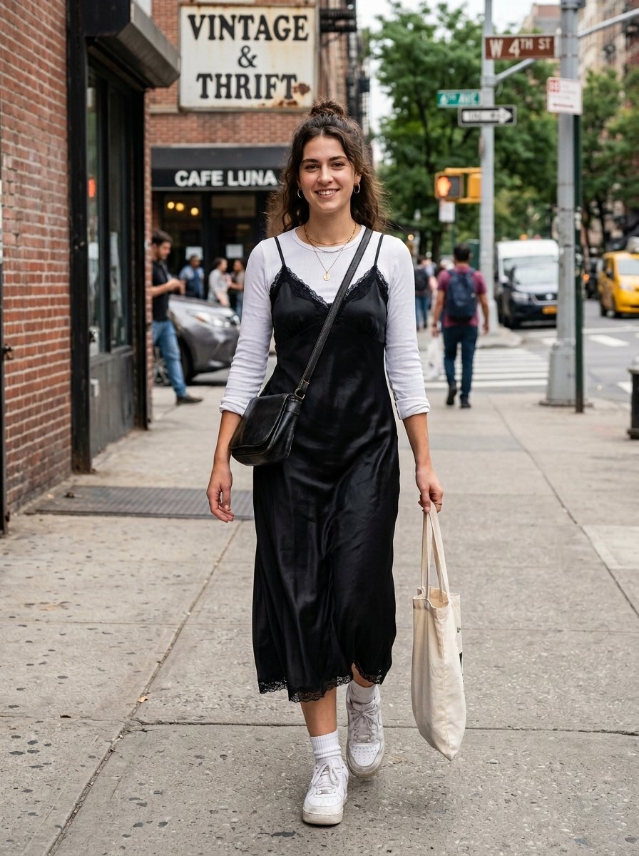 Young woman wearing a black slip dress over a white long-sleeve shirt, carrying a tote bag on a city street.