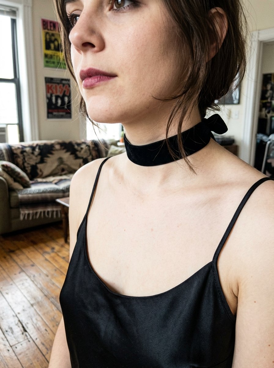 Close-up portrait of a woman in a satin camisole and a simple black velvet choker tied at the back of her neck.