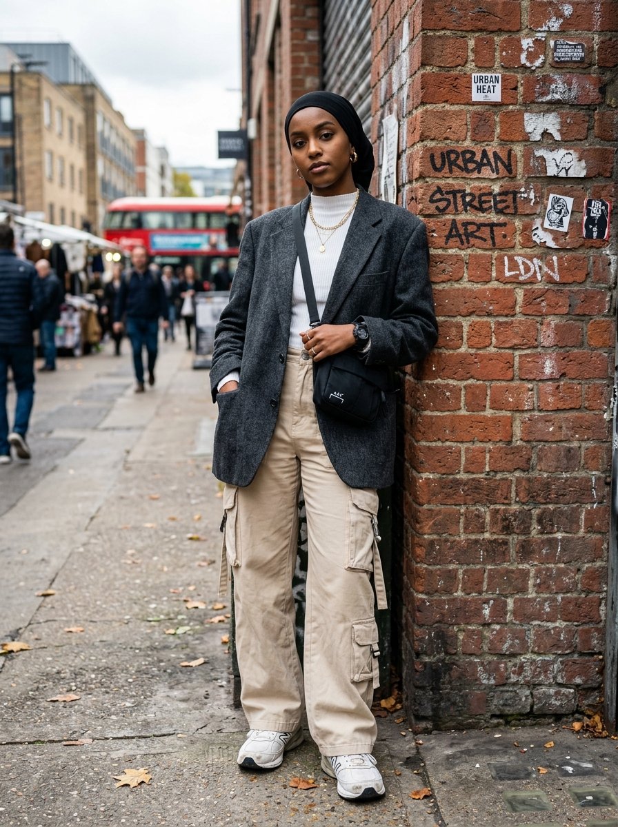 A woman in a black hijab, grey blazer, and beige cargo pants leaning against a brick wall on a city street.