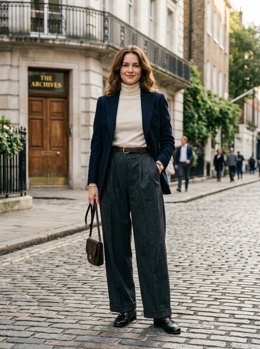 A smiling woman wearing a navy blazer, cream turtleneck, and charcoal wide-leg trousers on a London cobblestone street.