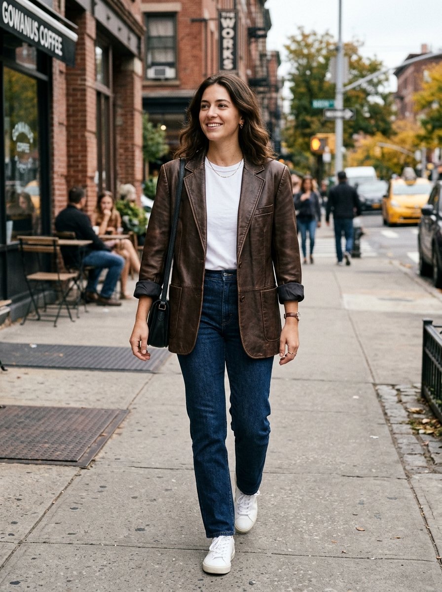 Smiling woman in a brown leather jacket and blue jeans walking past a coffee shop on a city street.