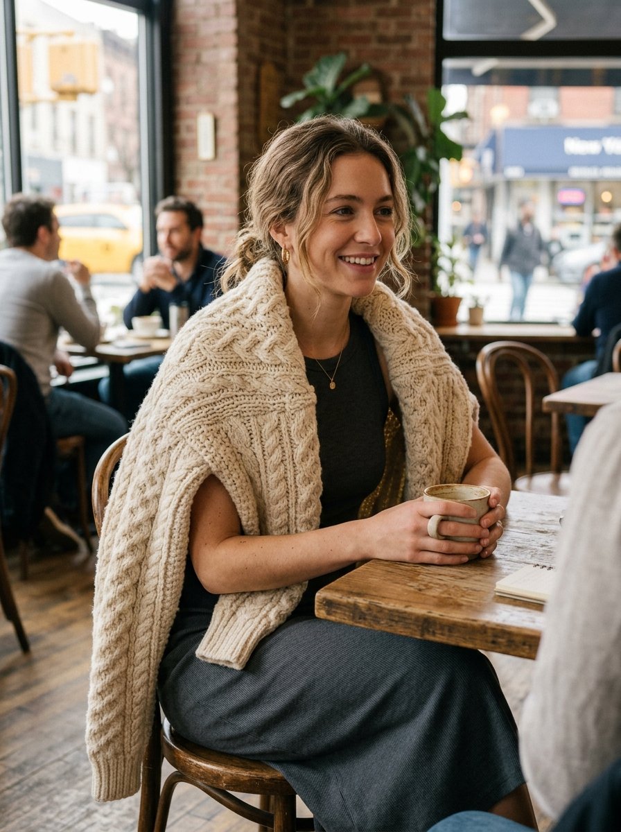 A blonde woman sits at a wooden table in a cafe wearing a draped cream cable knit sweater over a dark dress.