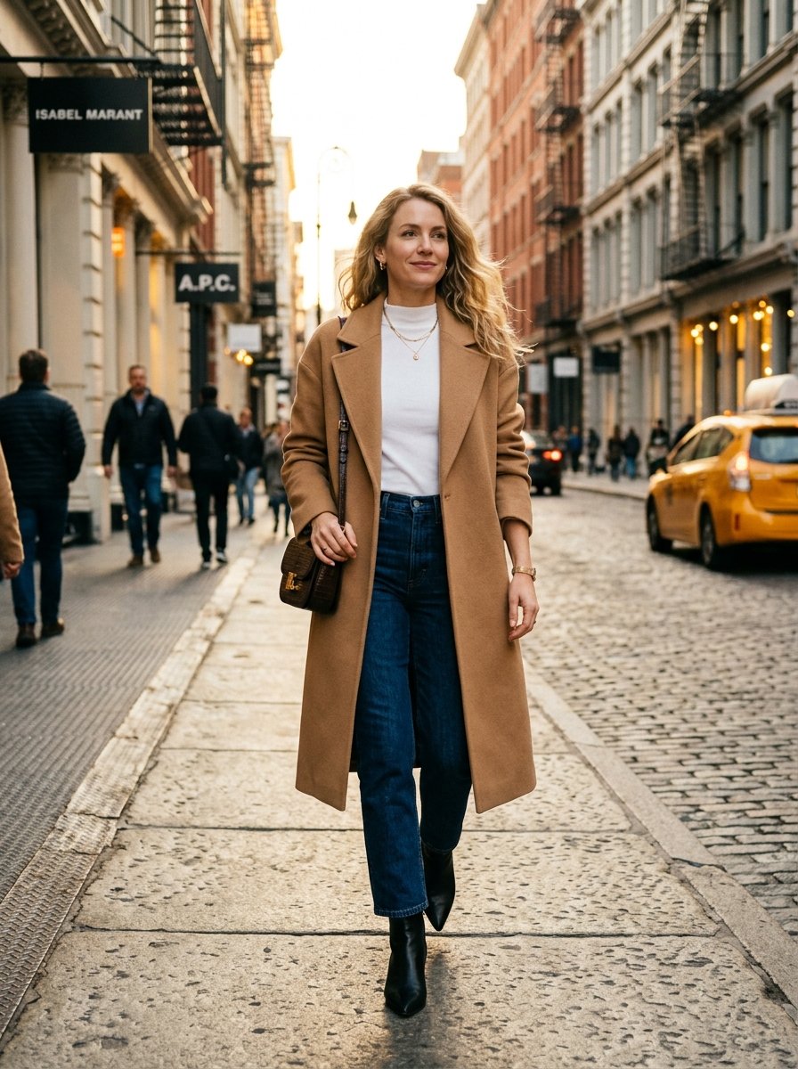 A blonde woman in a camel coat and blue jeans walks down a cobblestone street in Manhattan.