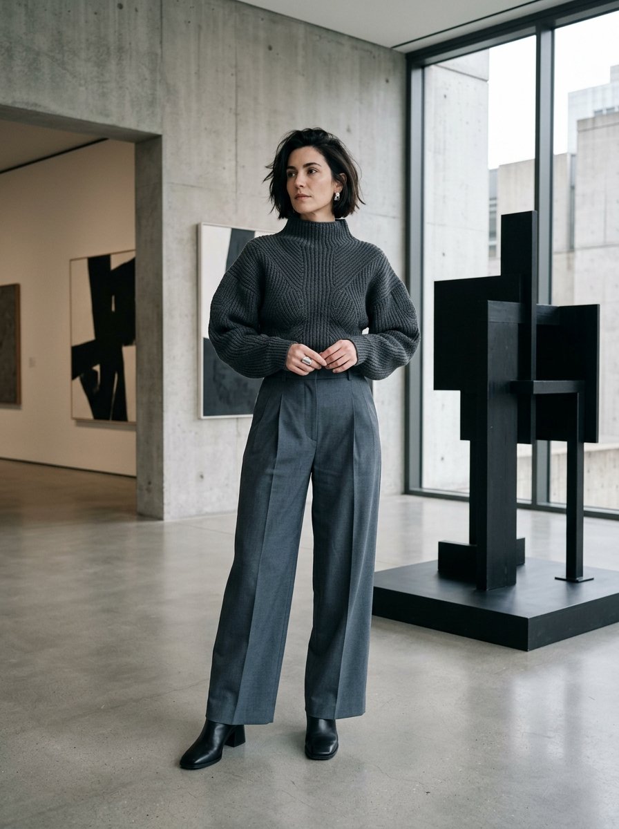 A woman with short hair wearing a dark grey ribbed turtleneck and pleated slacks in an art gallery.