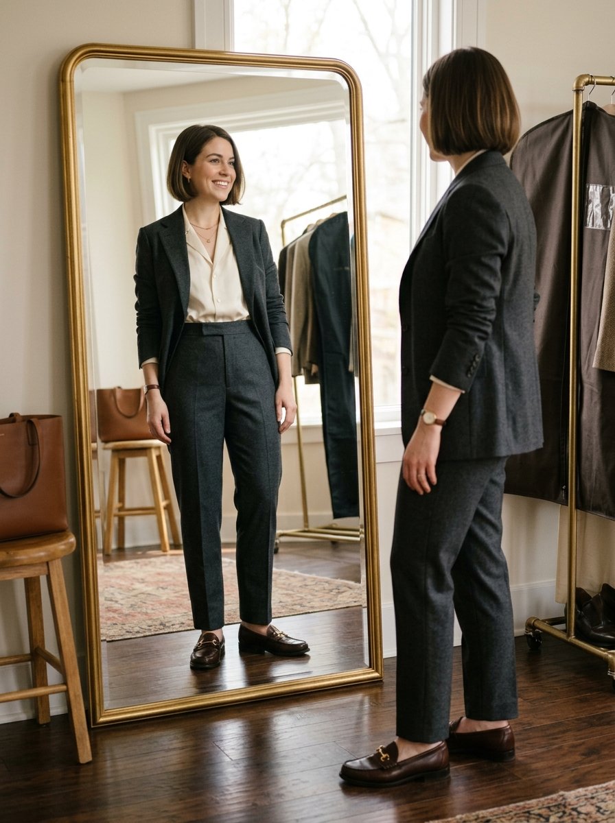 A woman with a bob haircut wearing a dark grey suit and loafers smiling at her reflection in a floor mirror.