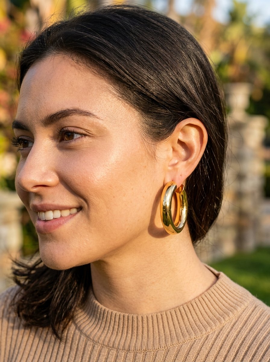 Close-up of a person with dark hair wearing a large, polished gold hoop earring in their left ear.