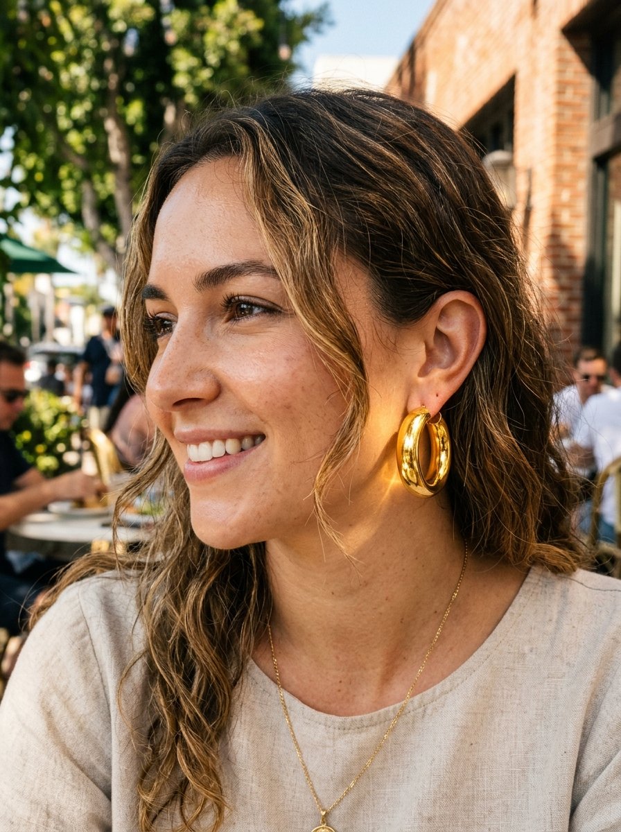 Portrait of a woman with wavy brown hair wearing large polished gold hoop earrings and a delicate gold pendant necklace.