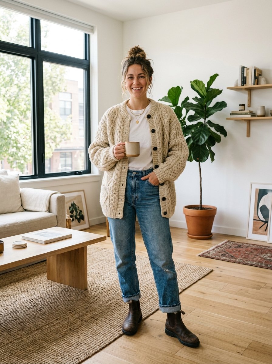 A woman with hair in a bun wearing a cream cardigan, white tee, and jeans standing in a living room with plants.